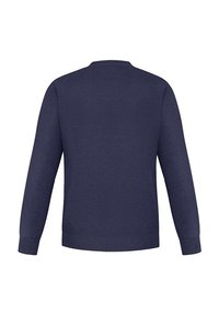 Granatowy sweter, długie rękawy, okrągły dekolt, prążkowane mankiety i dół, gładka tekstura, minimalistyczny design, bez widocznych wzorów czy akcentów.