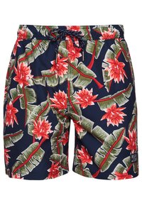 Costumi da bagno da uomo in tessuto blu navy con un vivace motivo floreale rosso e foglie verdi, vita elastica con cordino.
