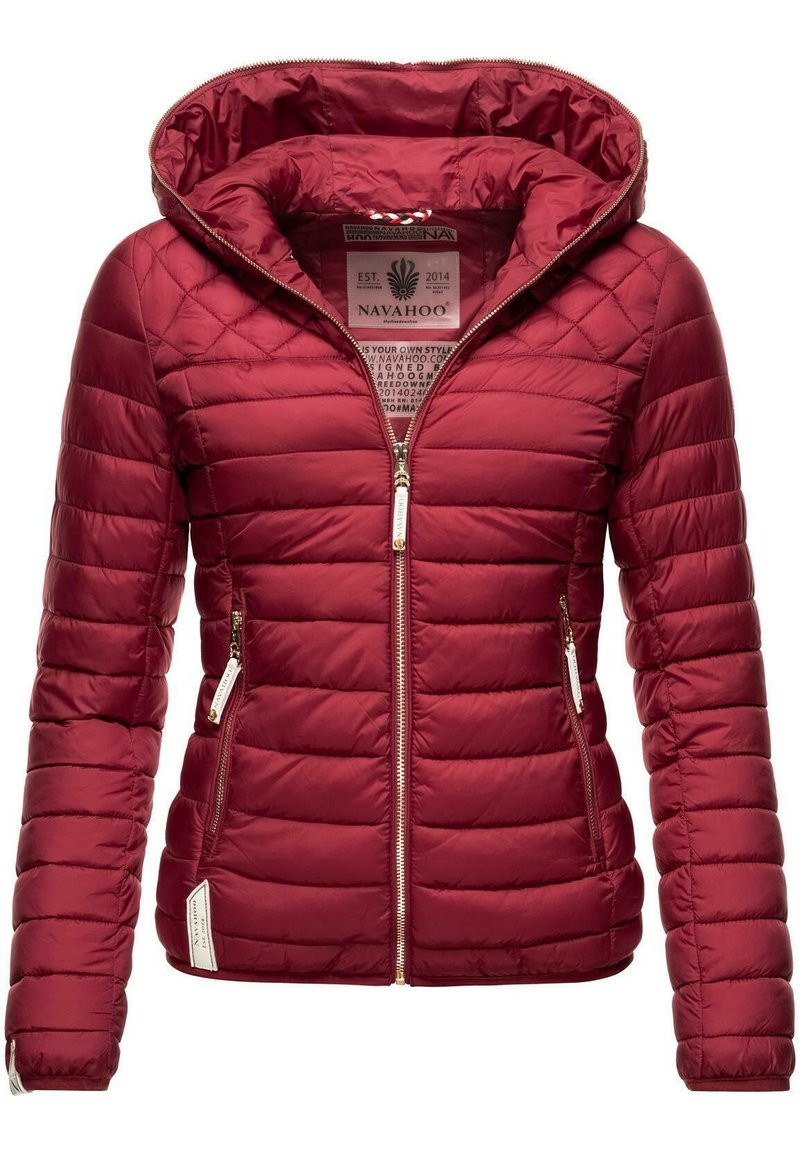 Maroon puffer jacket with a hood, featuring quilted texture, front zipper, and two zippered side pockets. Brand label visible inside.