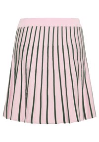 Fustă plisată roz cu dungi verticale de culoare verde închis și o talie solidă roz.