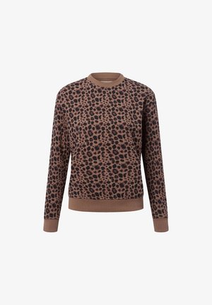Brązowa bluza z czarnym wzorem w lamparta, z długimi rękawami, prążkowanym okrągłym dekoltem i mankietami, z dopasowanym wykończeniem w talii.