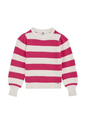 Knit sweater featuring alternating wide pink and white stripes, crew neck, and long puffed sleeves with ribbed cuffs and hem.