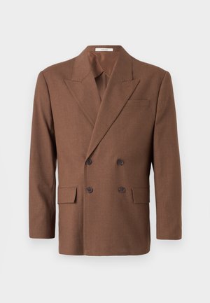 Brown double-breasted blazer made of textured fabric, featuring a notched lapel, two front pockets, and dark buttons.