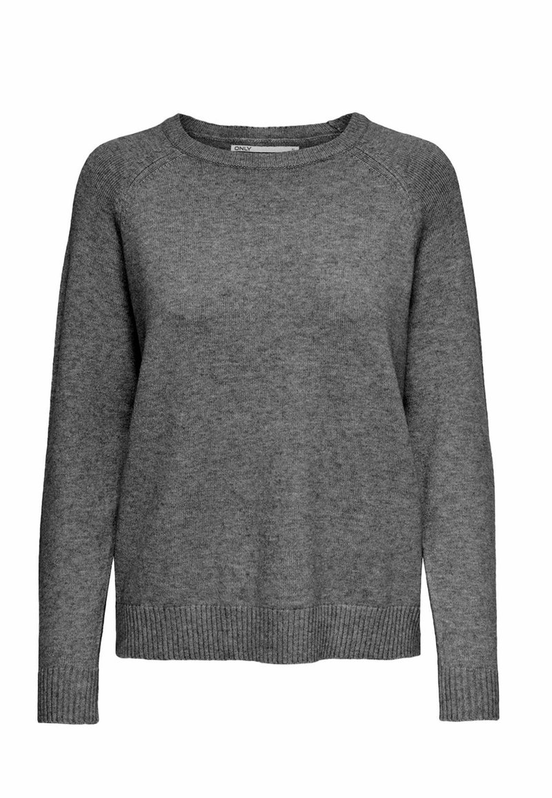 Maglione grigio a maglia con scollo rotondo, maniche lunghe a raglan e orli e polsini a costine. Texture morbida e design minimalista.