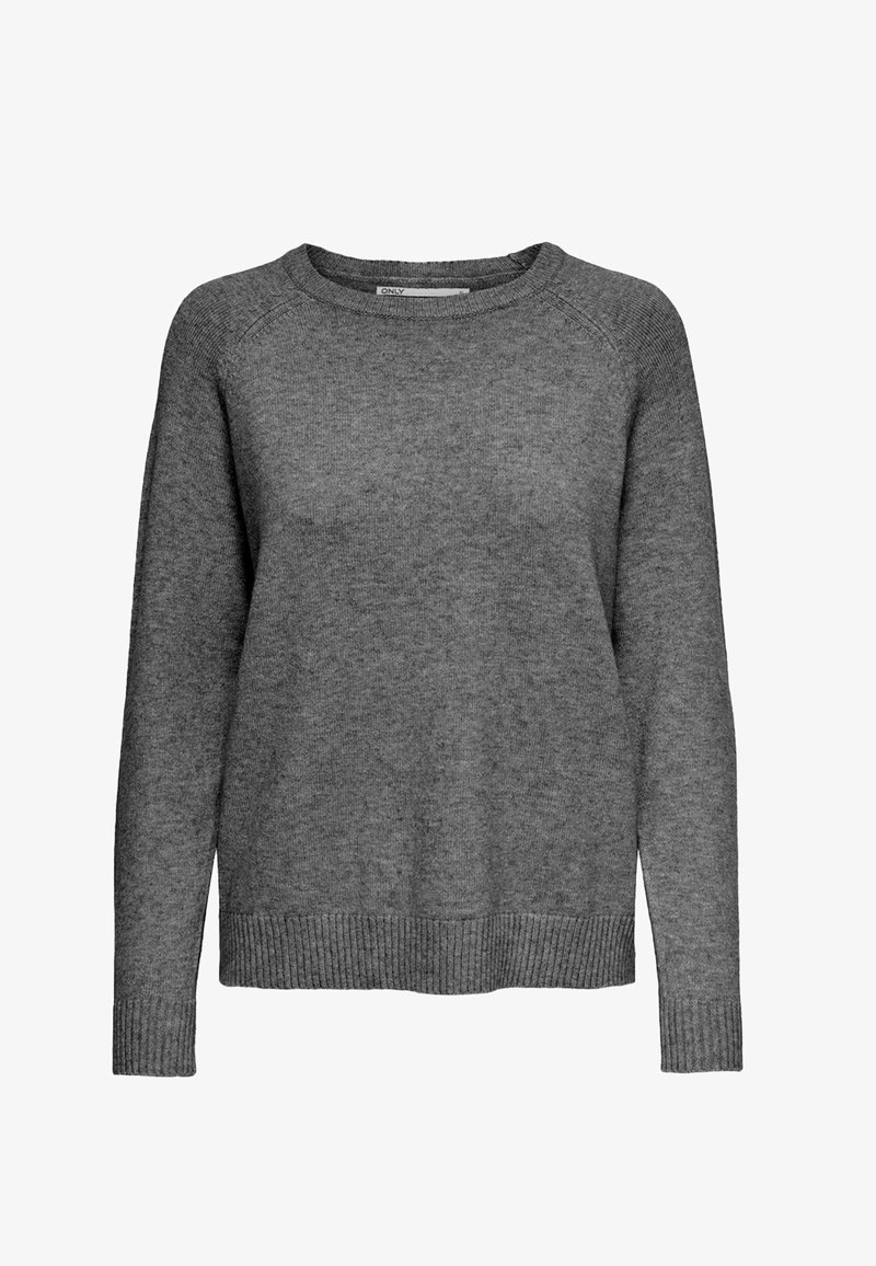 Maglione grigio a maglia con scollo rotondo, maniche lunghe a raglan e orli e polsini a costine. Texture morbida e design minimalista.