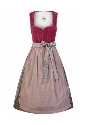 Traditionelles ärmelloses Dirndl mit tiefrotem Samt-Mieder, hellrosa gemustertem Schürzenstoff und silbergrauem Bindegürtel, der in einer Schleife in der Taille gebunden ist.