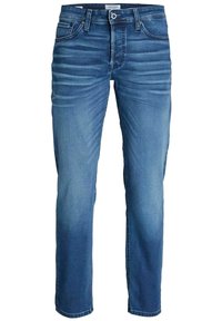 Modré denimové džíny se střihem rovného nohavice, s vybledlým ombré efektem, jemným ždímáním, standardními kapsami a zapínáním na zip s knoflíkem.