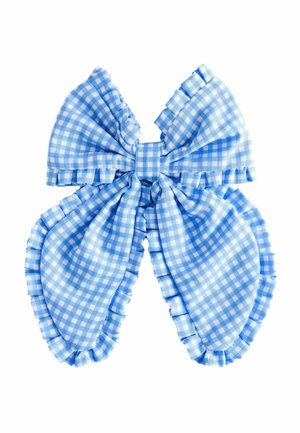 Light blue and white gingham fabric bow with ruffled edges and two large tails against a white background.
