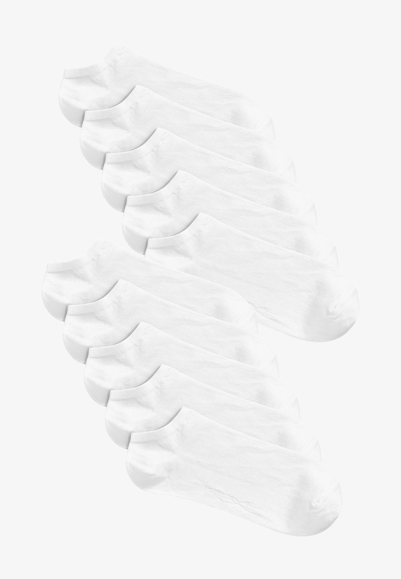 White cotton crew socks, low-cut, smooth texture, with a ribbed cuff, arranged in a stack, featuring a simple, plain design.