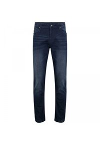 Dark blue jeans made of denim, featuring a straight cut, standard five-pocket design, and a subtle fading pattern on the front thighs.