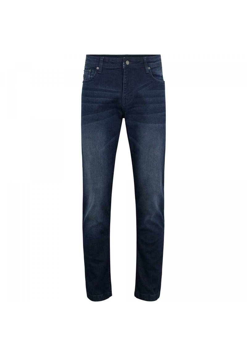 Dark blue jeans made of denim, featuring a straight cut, standard five-pocket design, and a subtle fading pattern on the front thighs.