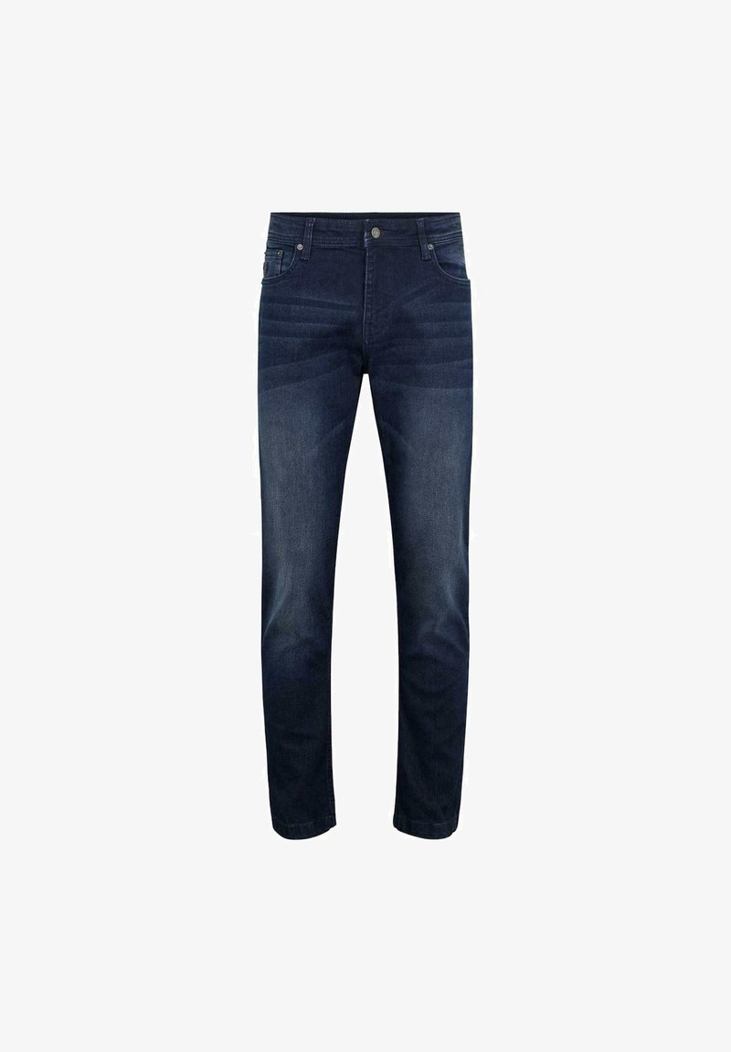 Dark blue jeans made of denim, featuring a straight cut, standard five-pocket design, and a subtle fading pattern on the front thighs.