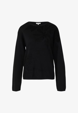 Czarny sweter z długimi rękawami, okrągłym dekoltem i fakturowanym kwiatowym wzorem. Wykonany z miękkiego materiału, o luźnym kroju.