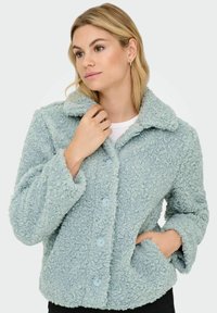Fuzzy, light blue jacket made of textured fabric with a collared neckline, button closure, and side pockets.