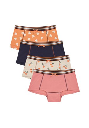 Fyra par bomullstrosor: orange med vita hjärtan, marinblå, krämfärgad med körsbärsmönster, och rosa, alla med randiga elastiska midjeband och rosetter.