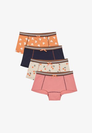Cuatro pares de bragas tipo boyshort de algodón: naranjas con corazones blancos, navy, crema con un patrón de cerezas y rosas, todas con cinturillas elásticas a rayas y lazos.