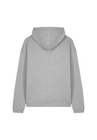 Felpa grigia con cappuccio regolabile, maniche lunghe, polsini e orlo a coste, realizzata in tessuto misto cotone, con una finitura morbida e texture.