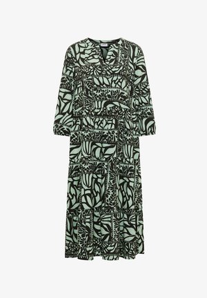 Midi-jurk met een losse pasvorm, driekwart mouwen, V-hals en abstracte zwarte blad- en kettingpatronen op lichtgroene stof.