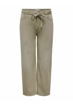 Licht olijfgroene casual broek met een wijde pijp, voorzakken, knoopsluiting en een taillekoord.