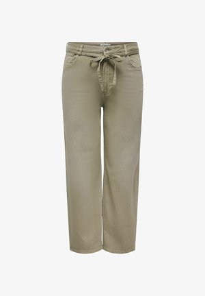 Lyse olivengrønne afslappede bukser med vide ben, forlommer, knaplukning og snøre i taljen.