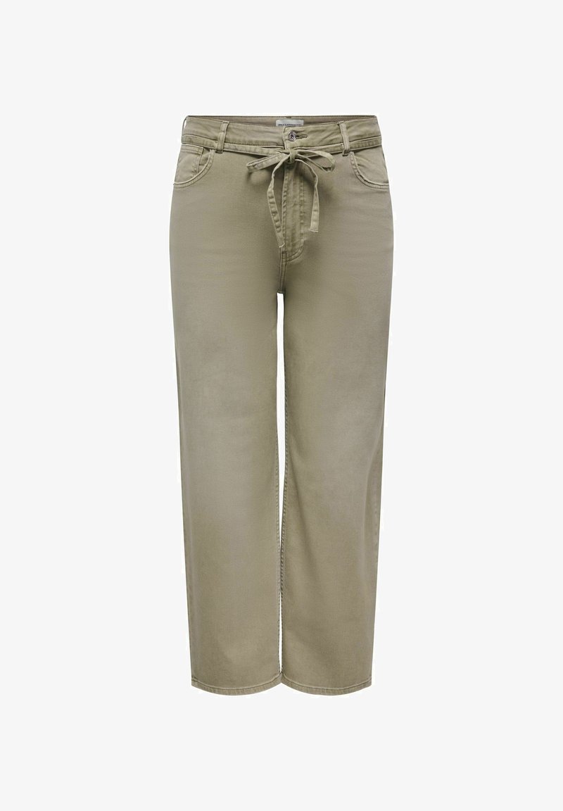 Pantalon décontracté vert olive clair avec jambes larges, poches avant, fermeture par bouton et cordon de taille.