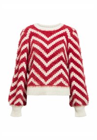 Sweter w czerwono-białe zygzaki, o puszystej teksturze, szerokich rękawach oraz prążkowanym dekolcie i mankietach. Krótki krój.