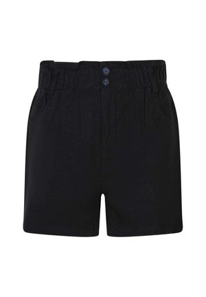 Shorts noirs taille haute avec une ceinture élastique, deux boutons, des poches avant et un ourlet droit.