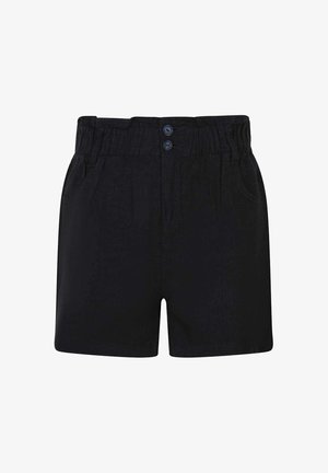 Shorts noirs taille haute avec une ceinture élastique, deux boutons, des poches avant et un ourlet droit.
