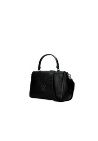 Borsa a tracolla in pelle nera con design strutturato, dotata di manico superiore, tracolla staccabile e logo impresso sul davanti. Texture liscia.