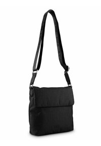 Borsa a tracolla nera realizzata in tessuto testurizzato, con un flap pieghevole, spallaccio regolabile e un logo del marchio discreto sul davanti.