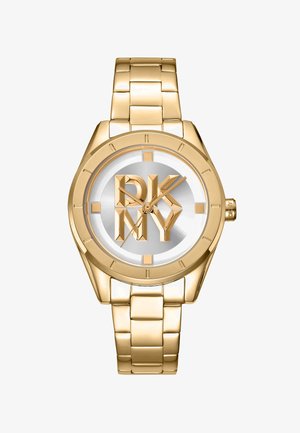 Orologio color oro con bracciale in acciaio inox, caratterizzato da un quadrante argento e un logo in rilievo dorato "DKNY" al centro. Include le tacche per le ore.