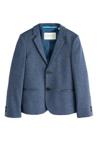 Blazer azul marino en tela texturizada, con cuello con muesca, dos bolsillos delanteros y cierre de botones marrones. Se aprecian patrones en el interior.