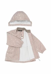 Detská svetloružová pršiplášť s odnímateľnou kapucňou a malými farebnými vzormi mašličiek, pršiplášť otvorený, aby odhalil bielu podšívku vnútri.