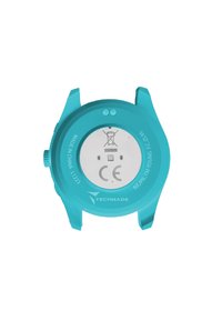 Montre connectée turquoise avec un boîtier rond, des boutons texturés et un port USB. Présente un marquage CE et un logo de la marque imprimé au dos.