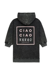 Schwarze Denim-Hoodie mit einem ausgewaschenen Texture, rosa-weißer Grafiktext auf der Rückseite innerhalb eines Quadrats, mit einer Kapuze und gerippten Bündchen.