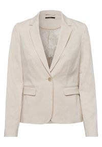 Beżowa marynarka zapinana na jeden guzik, z wyraźnie wyciętymi klapami i dwoma przednimi kieszeniami. Podszyta materiałem w kropki. Gładka faktura tkaniny.