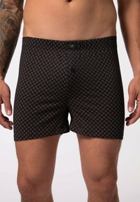 Boxer in navy con un piccolo motivo geometrico marrone, dotati di un bottone davanti e di una vita elasticizzata per il massimo comfort.