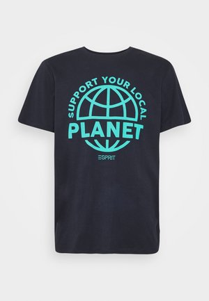 Zwart T-shirt met turquoise globe grafiek en tekst "Steun je lokale planeet" en klein "Esprit" logo eronder.