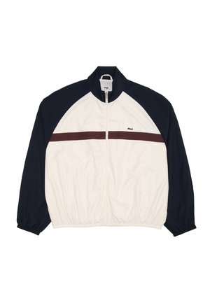 White and navy Fila jacket with a full front zipper, maroon horizontal stripe across the chest, elastic cuffs, and collar.