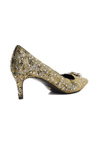 Gold and silver embellished high heel shoe with a pointed toe, featuring a textured surface and a small, sturdy heel.