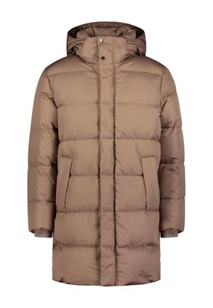 Brauner Puffer-Mantel mit Kapuze, der ein gestepptes Design, Druckknöpfe und Seitentaschen aufweist. Hergestellt aus einem glänzenden, gepolsterten Material.
