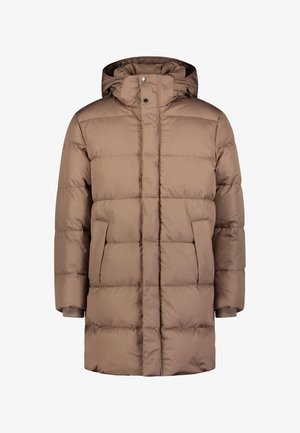 Brauner Puffer-Mantel mit Kapuze, der ein gestepptes Design, Druckknöpfe und Seitentaschen aufweist. Hergestellt aus einem glänzenden, gepolsterten Material.