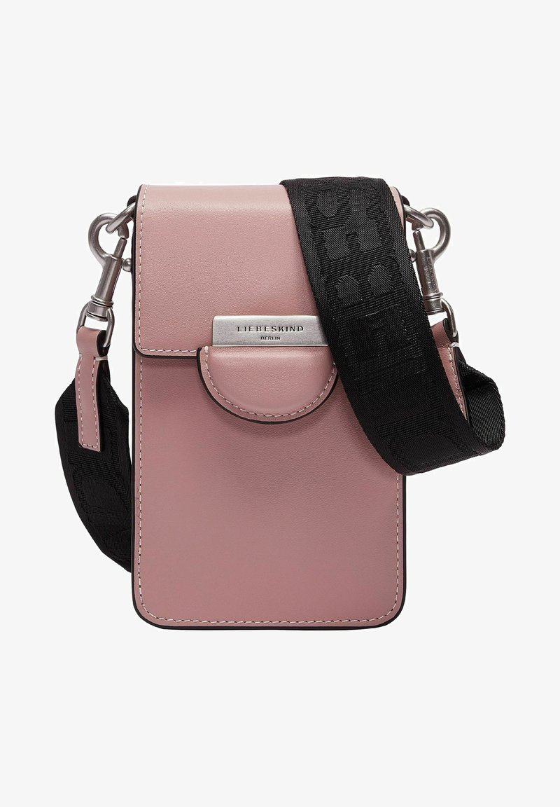 Dusty pink leather crossbody bag with black adjustable strap and silver clasp engraved "Liebeskind Berlin."