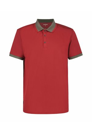 Rood poloshirt met korte mouwen, olijfgroene kraag en mouwboorden, voorzien van een knoopsluiting met drie knopen en een label van middelgrote maat.