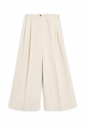 High-waist wide-leg cream trousers with a front pleat, belt loops, and a button closure at the waistband.