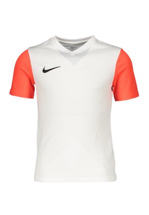 Hvid Nike fodboldtrøje med korte ærmer og orange ærmer, V-hals design, mesh stof og et sort logo på brystet.