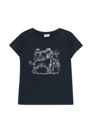 T-shirt bleu marine à manches courtes avec des dessins au trait blancs de quatre chiens et le texte "MY LITTLE GANG" sur le devant.