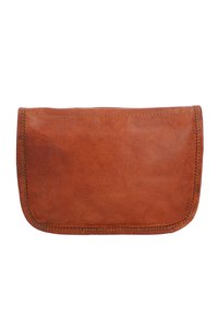 Brown leather wallet, rectangular shape, smooth texture, contrasting light stitching, folded design with rounded edges. No visible hardware.