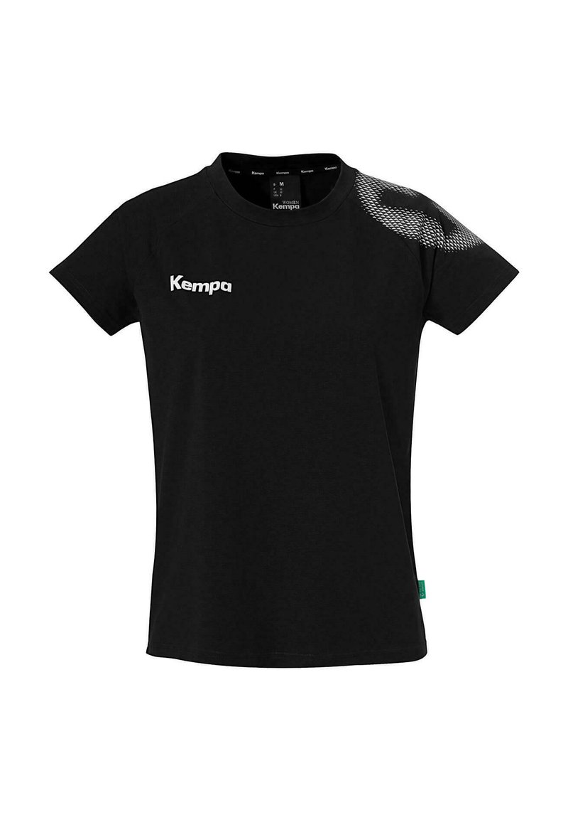 T-shirt noir à manches courtes en coton. Présente un motif texturé subtil sur l'épaule droite et un logo blanc sur le devant.
