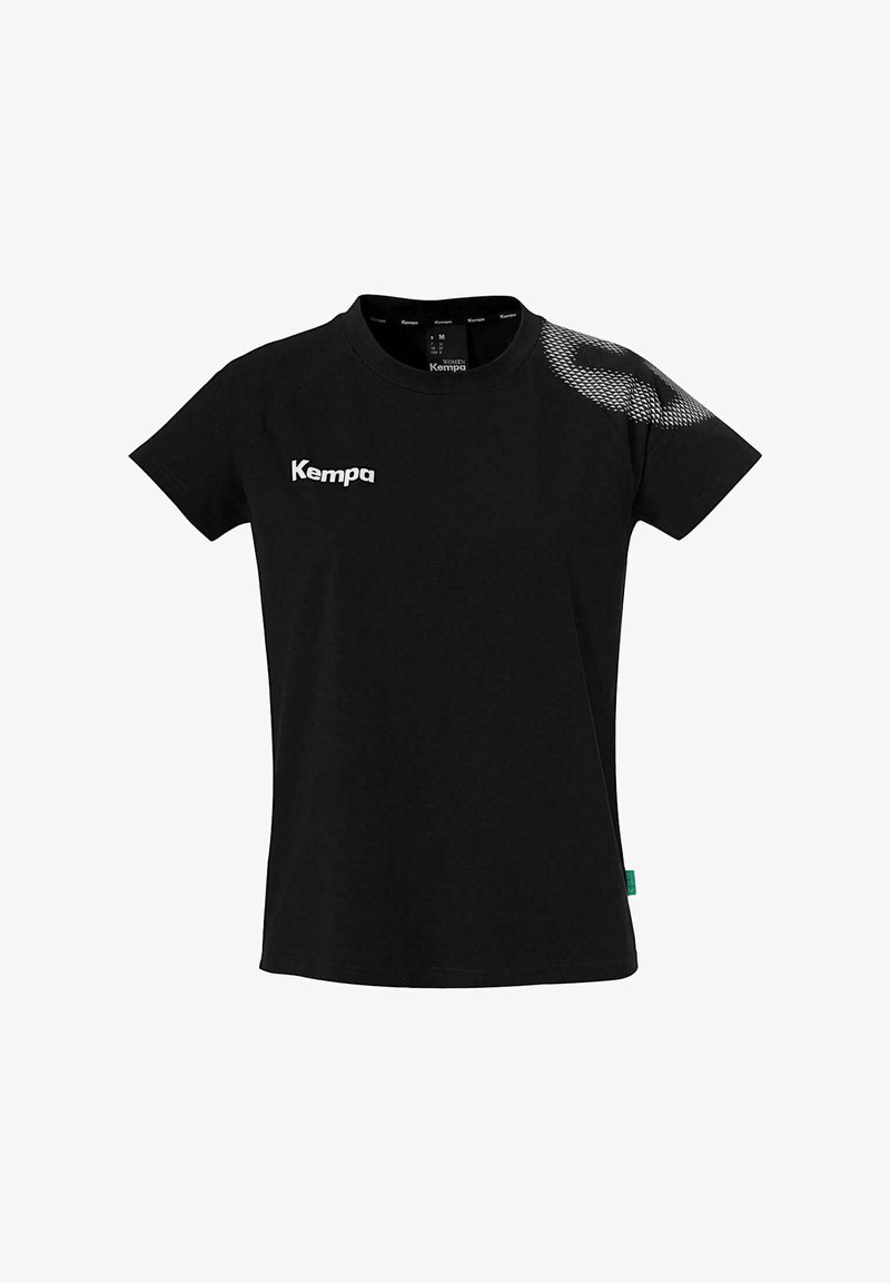 T-shirt noir à manches courtes en coton. Présente un motif texturé subtil sur l'épaule droite et un logo blanc sur le devant.